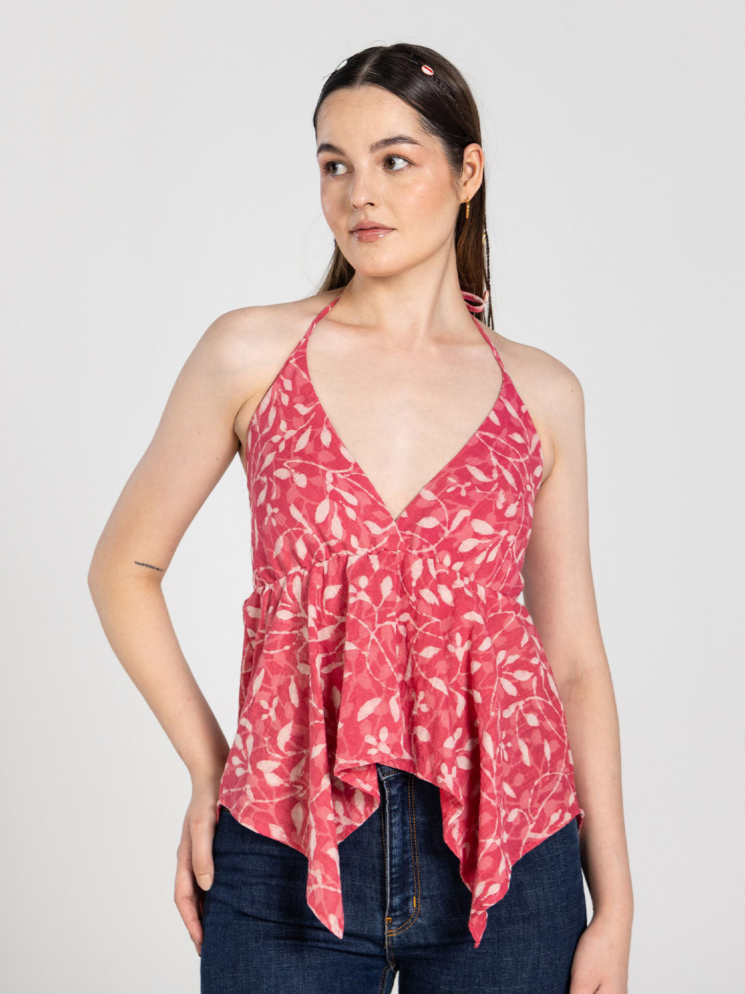 Past Modern Women Floral Printed Halter Neck Cotton Asymmetric Hem Top