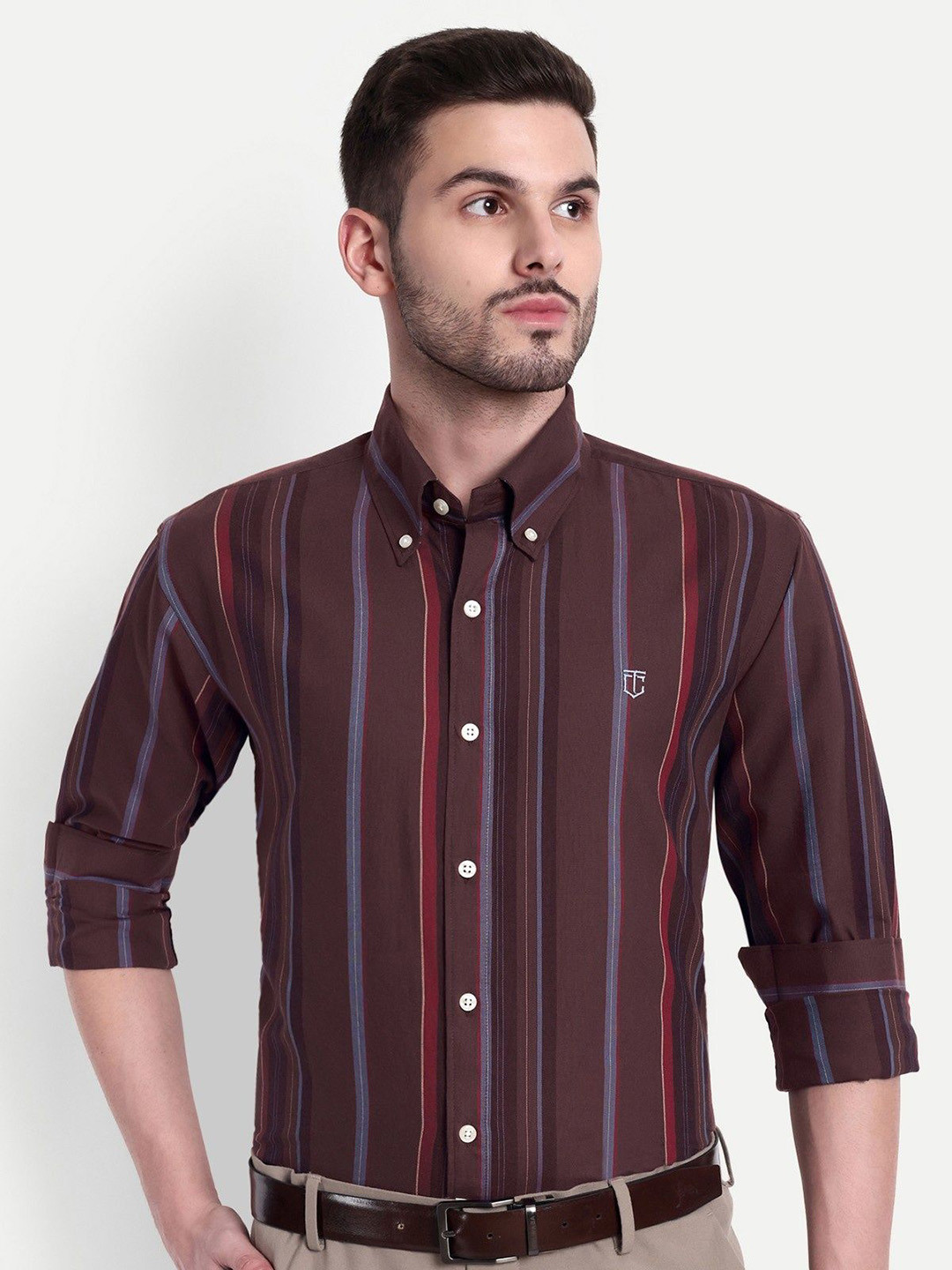 The Collared Men Classic Tailored Fit Horizontal Stripes Checked Casual Shirt