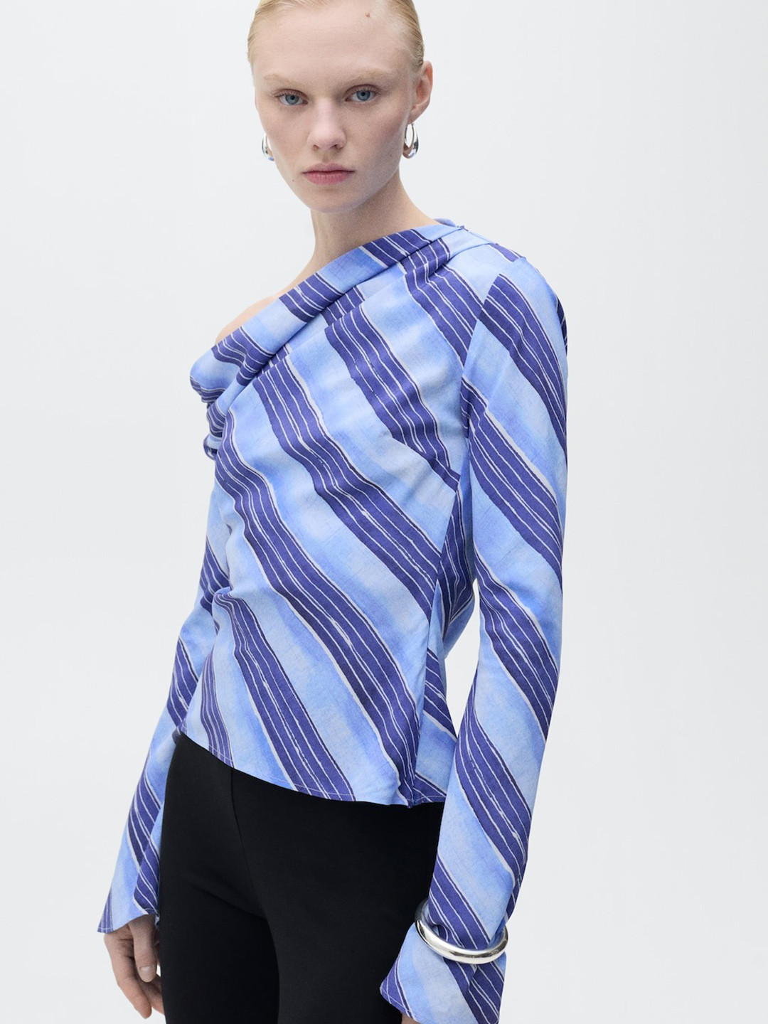 MANGO Striped One Shoulder Top