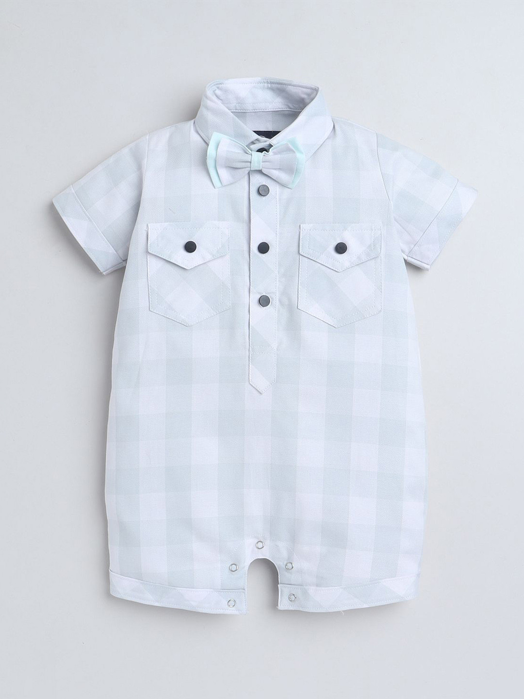 Polka Tots Unisex Kids Green Half Sleeve Checks Print Shirt Romper With Bow