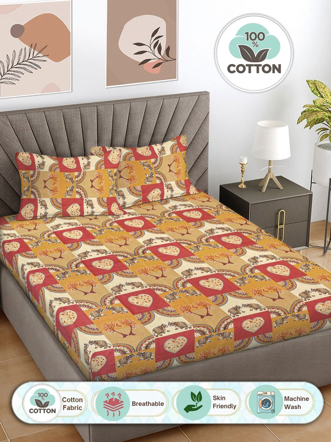 Myntra Elegant Homes Pindrop Yellow Ethnic Motifs Polycotton Skin-Friendly 300 TC King Superfine Bedsheet with 2 Pillow Covers-98 x 89 inches