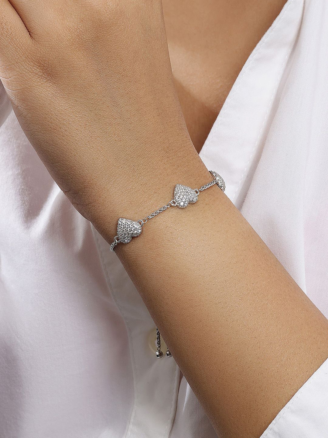 Tweov Jewels 925 Sterling Silver Rhodium-Plated CZ Studded Triple Heart Chain Bracelet