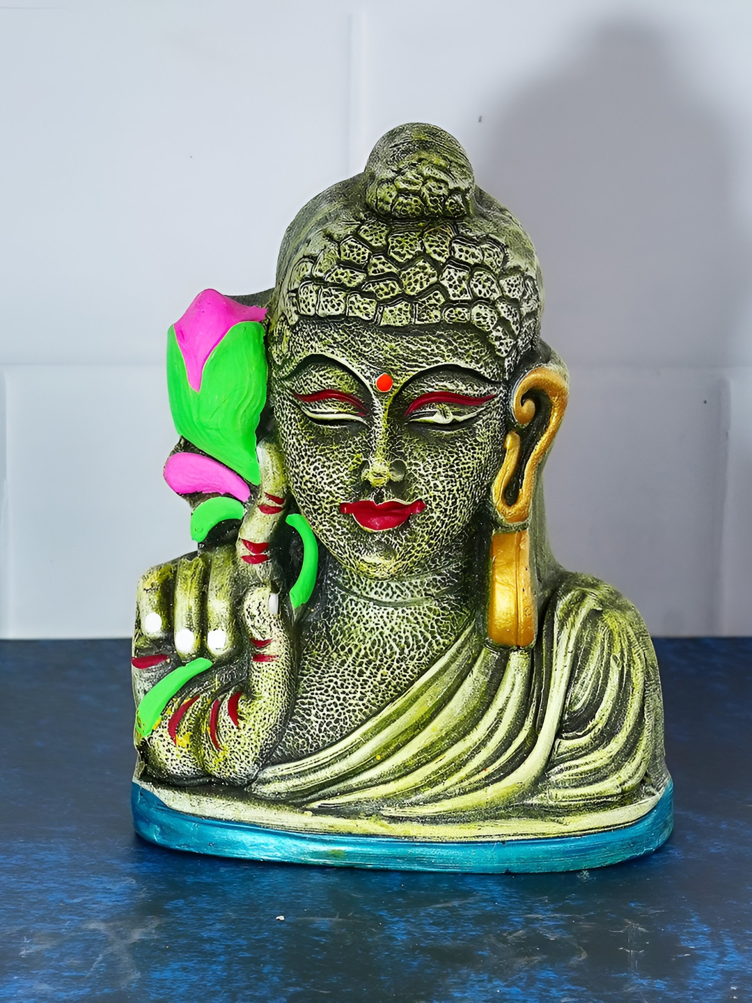 PujaNPujari Buddha Head Golu Doll Grey Clay Matte Living Room Hand-Crafted Small Showpiece - 7.1 Inches