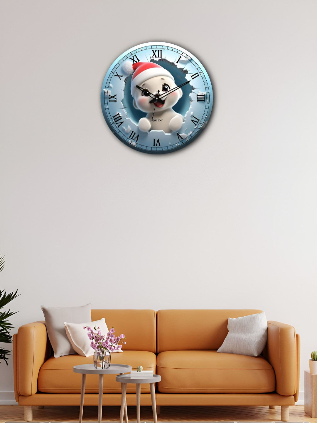 OLIVE TREE Wooden Wall Clock Blue & White Printed Round Contemporary Wall Clock