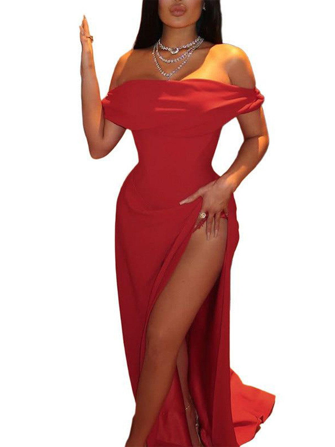 Outzidr Off Shoulder High Slit Dress