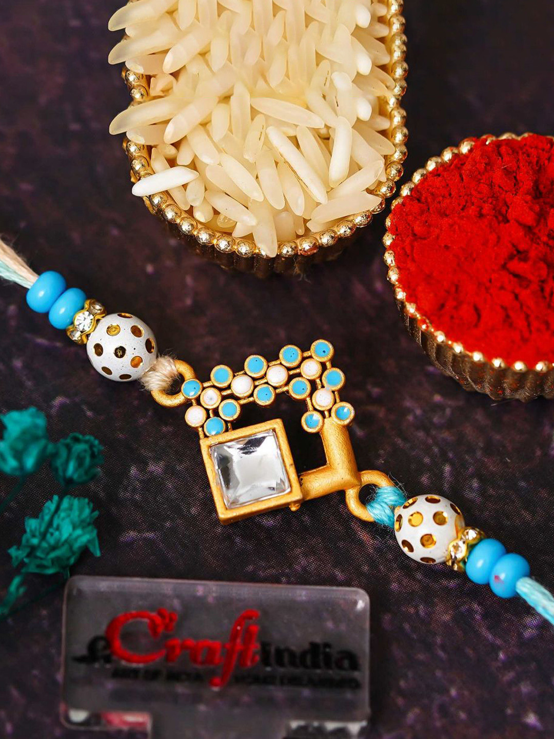 eCraftIndia Artfificial Stones Studded And Beaded Square Rakhi With Roli Chawal