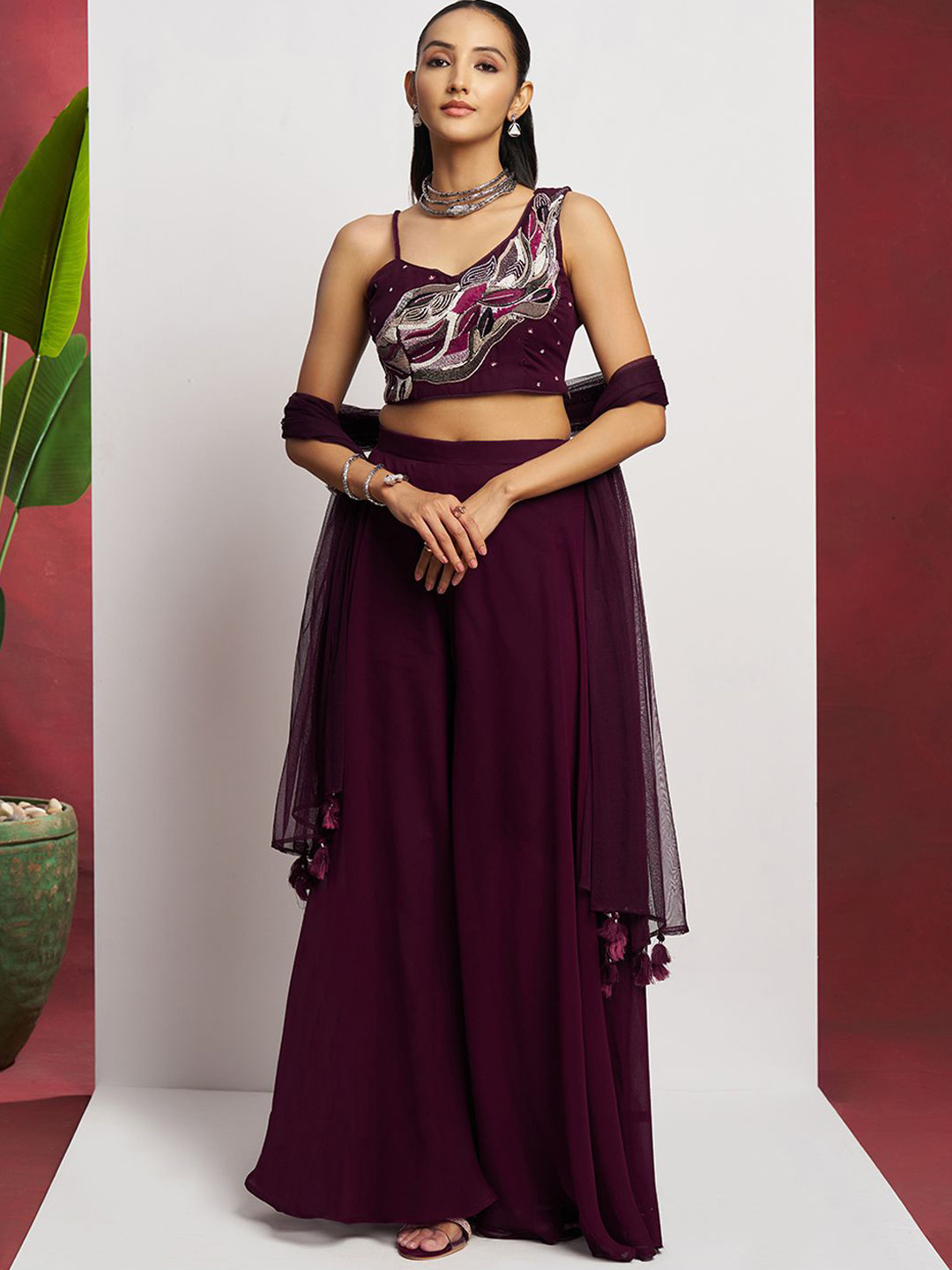ALIZEH Embellished Partywear Top & Palazzo With Dupatta Co-Ord Set