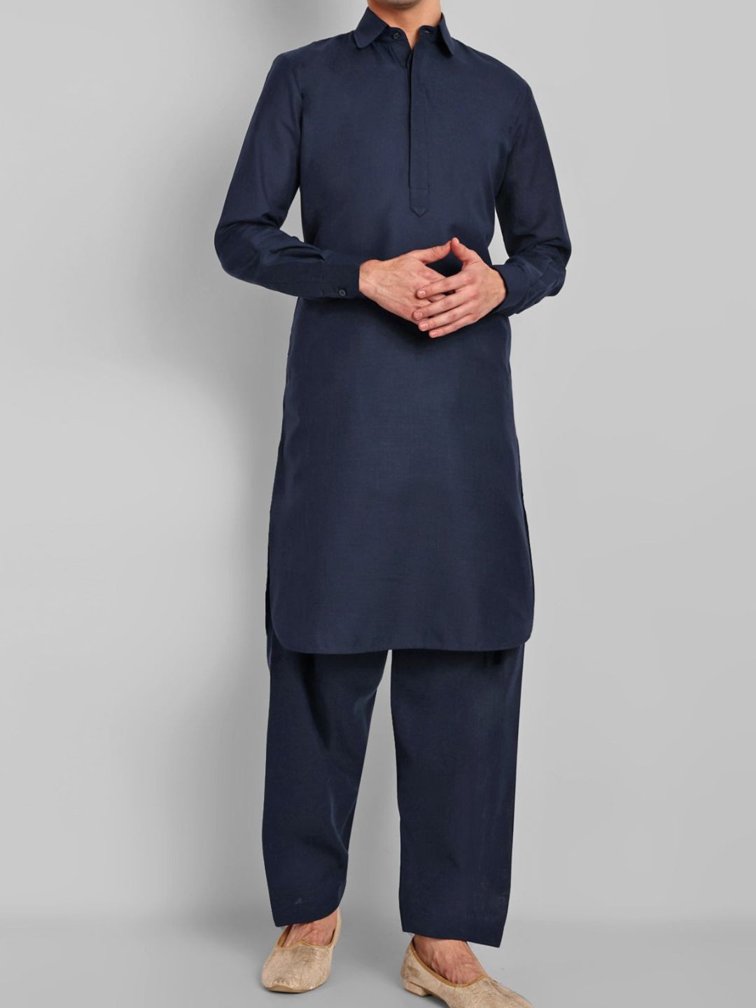 Mera Rang Solid Shirt Collar Linen Straight Kurta With Pyjamas