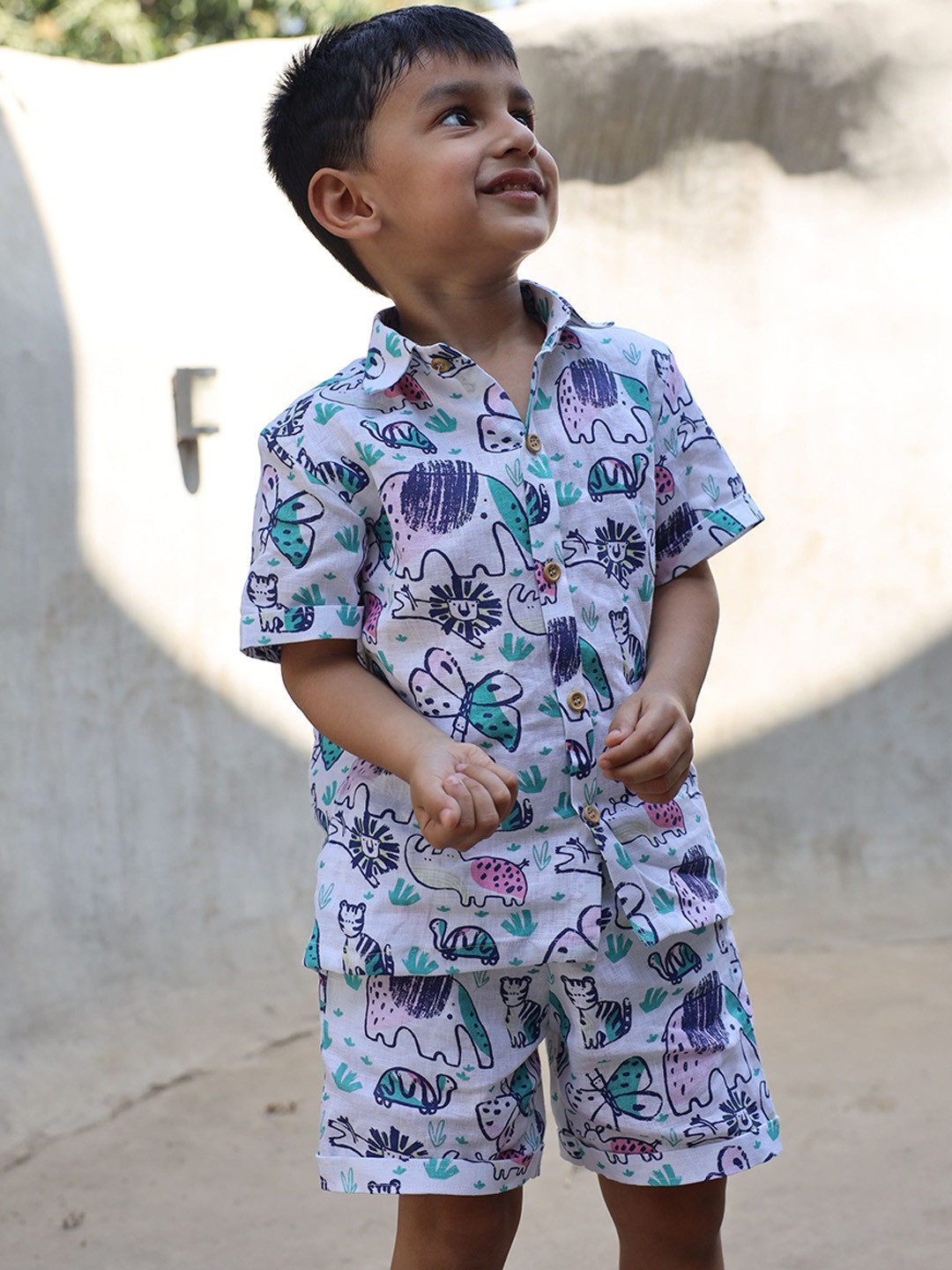 Funny Bones Clothings Boys Funny Fables Printed Linen Shirt With Shorts