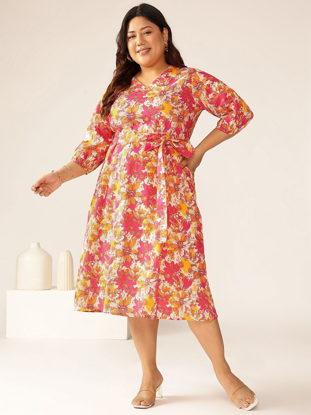 KALINI Women Plus Size Floral Print A-Line Dress