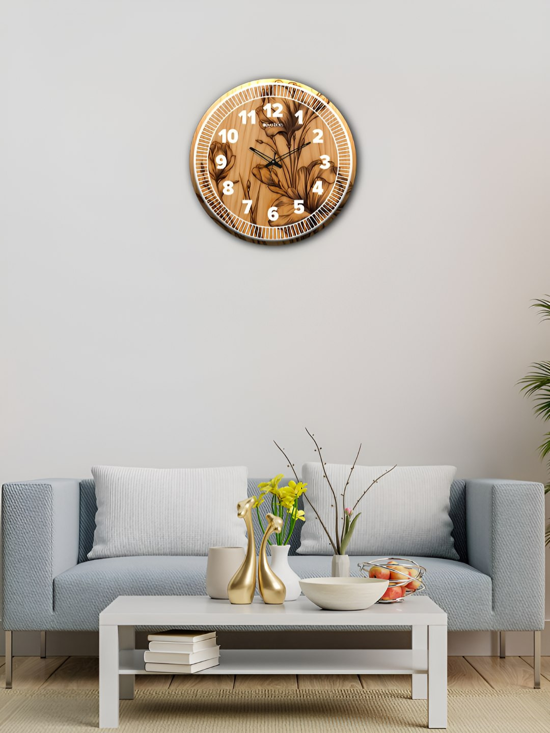 OLIVE TREE Easy to Read Brown Wood Large Display Round Battery Analogue Wall Clock-30cm
