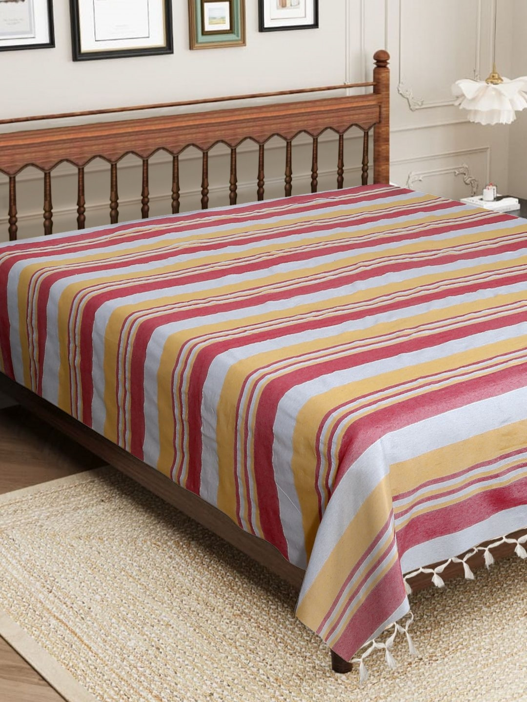 Aura Pink Striped Cotton 210 TC King Fine Bedsheet -90 x 100 inches