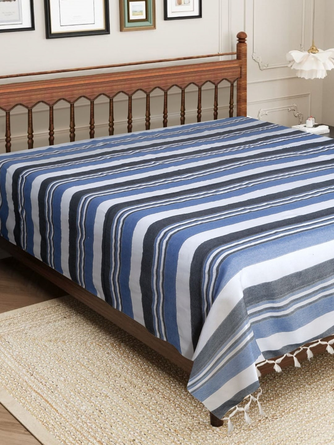 Aura Blue Bells Blue Striped Cotton 210 TC King Fine Bedsheet -90 x 100 inches