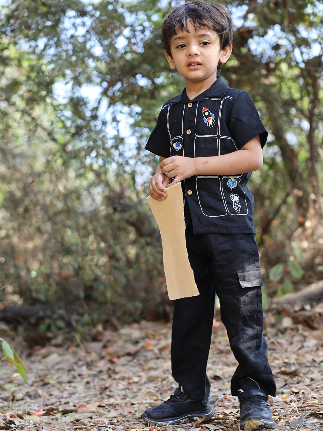 Funny Bones Clothings Kids Imperial Stars & Shuttle Embroidered Linen Shirt & Trousers