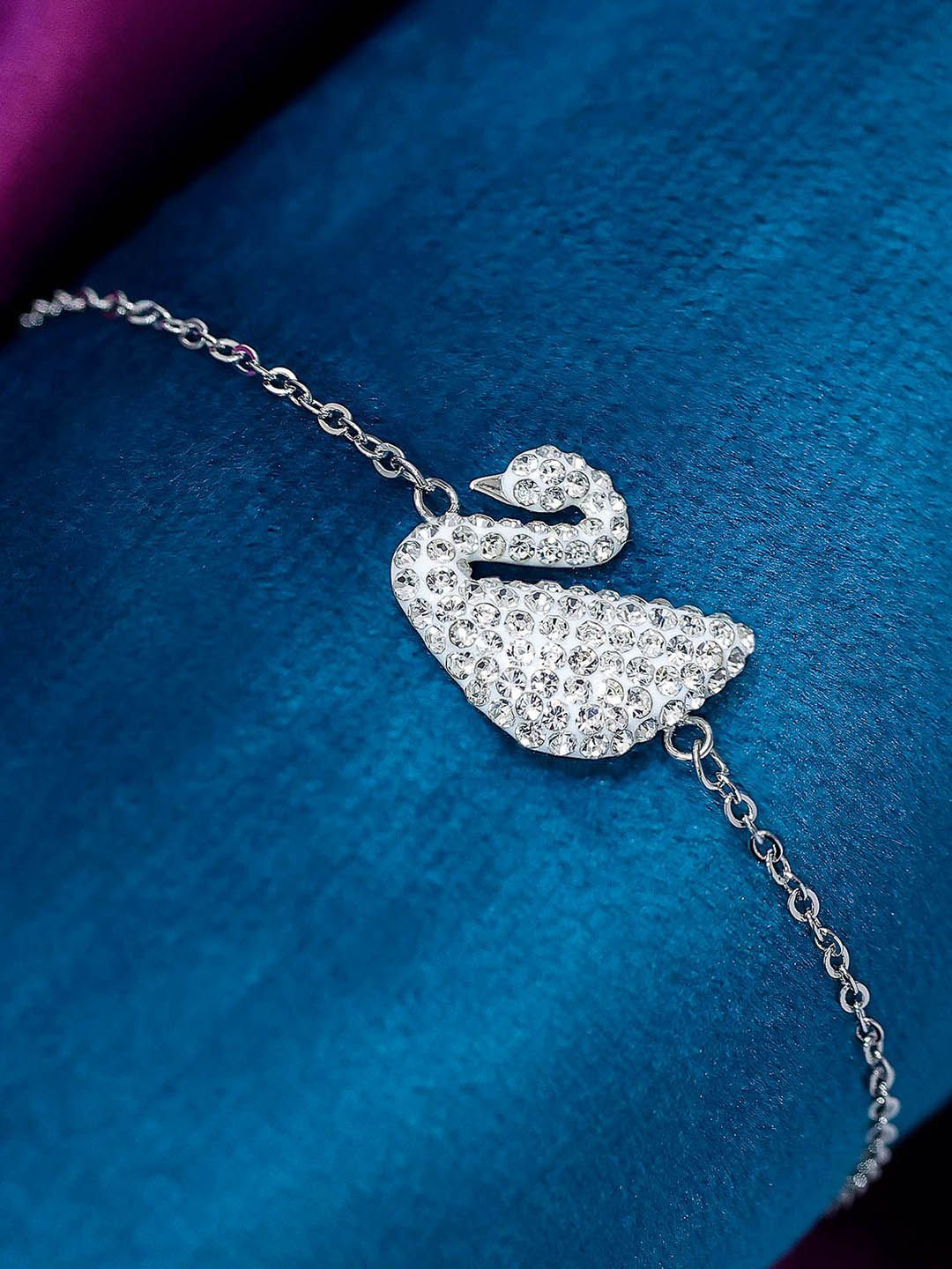 Tweov Jewels 925 Sterling Silver Rhodium-Plated CZ Studded Swan Design Chain Bracelet