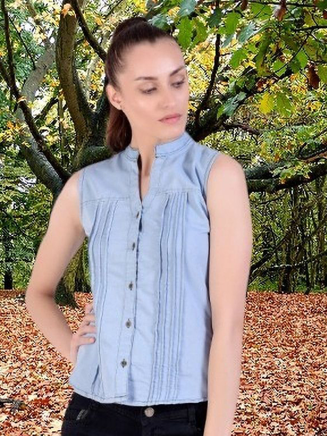 OOTPTAANG Women Denim Self Design Regular Fit Mandarin Collar Sleeveless Shirt