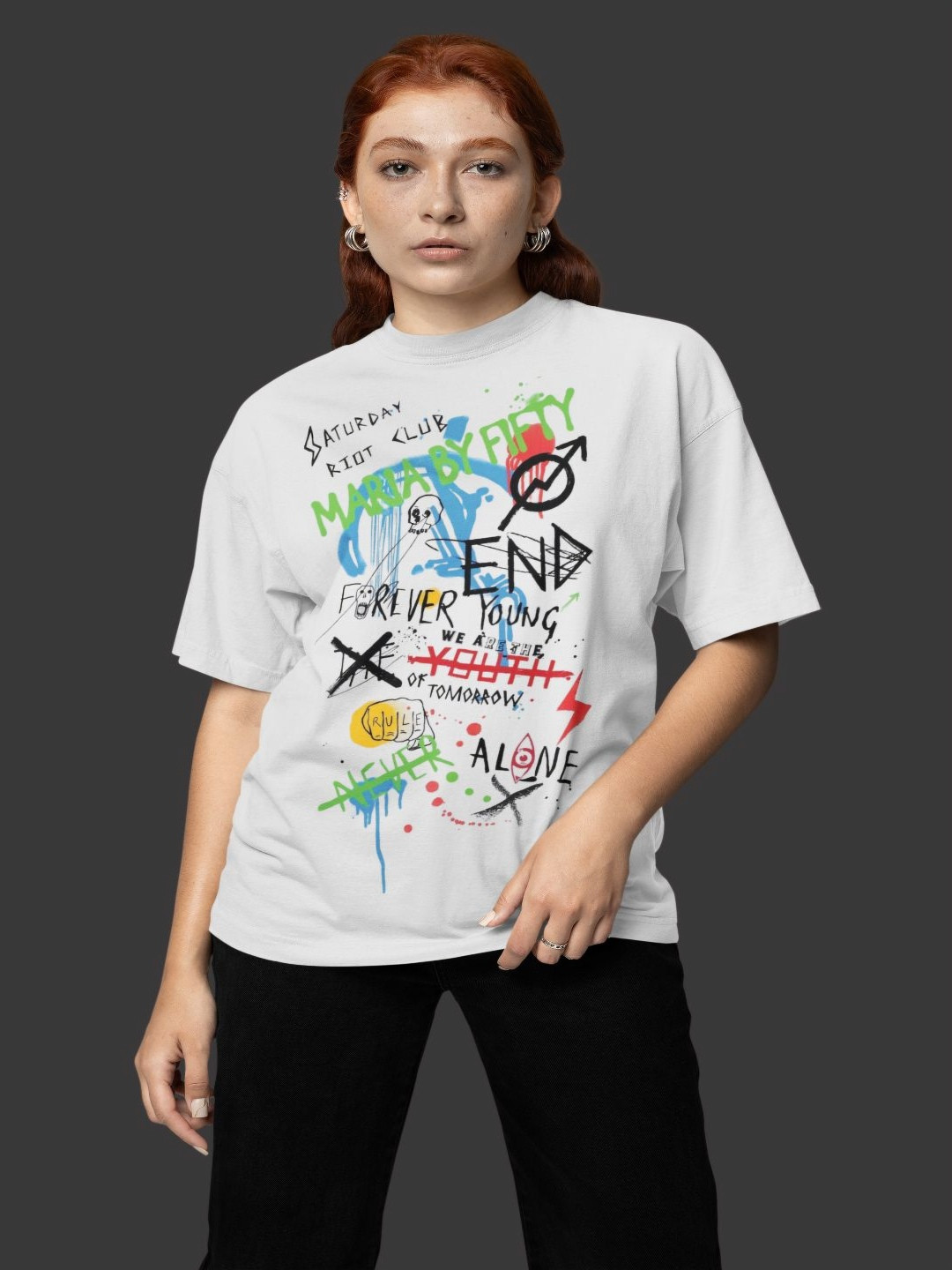 Onfleeks Women Printed Round Neck Drop-Shoulder Sleeves Oversized T-shirt