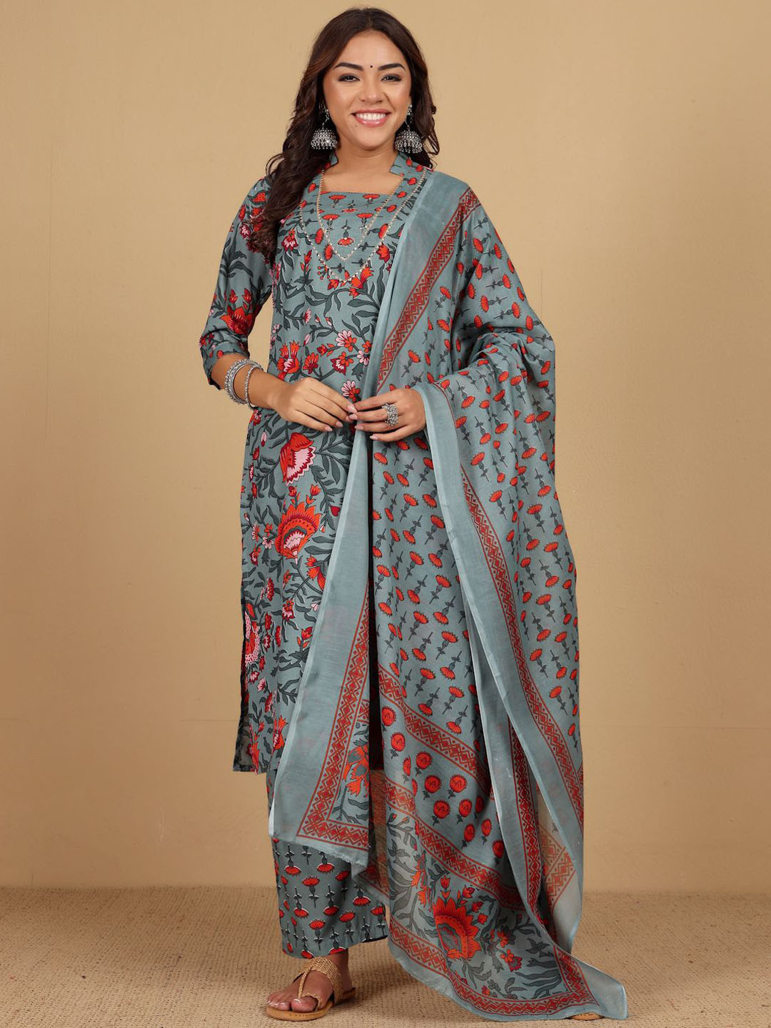 all about you Floral Printed V-Neck Straight Kurta With Trousers & Dupatta