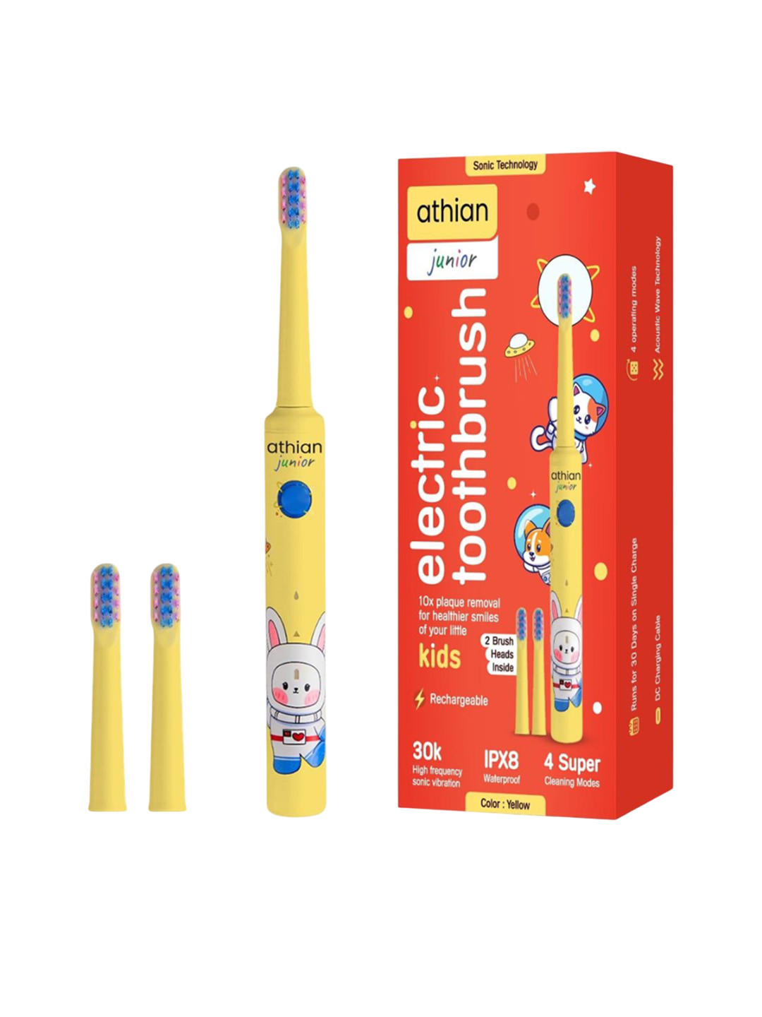 Athian Kids Junior Rechargeable Electric Toothbrush With 2 Brush Heads - Yellow