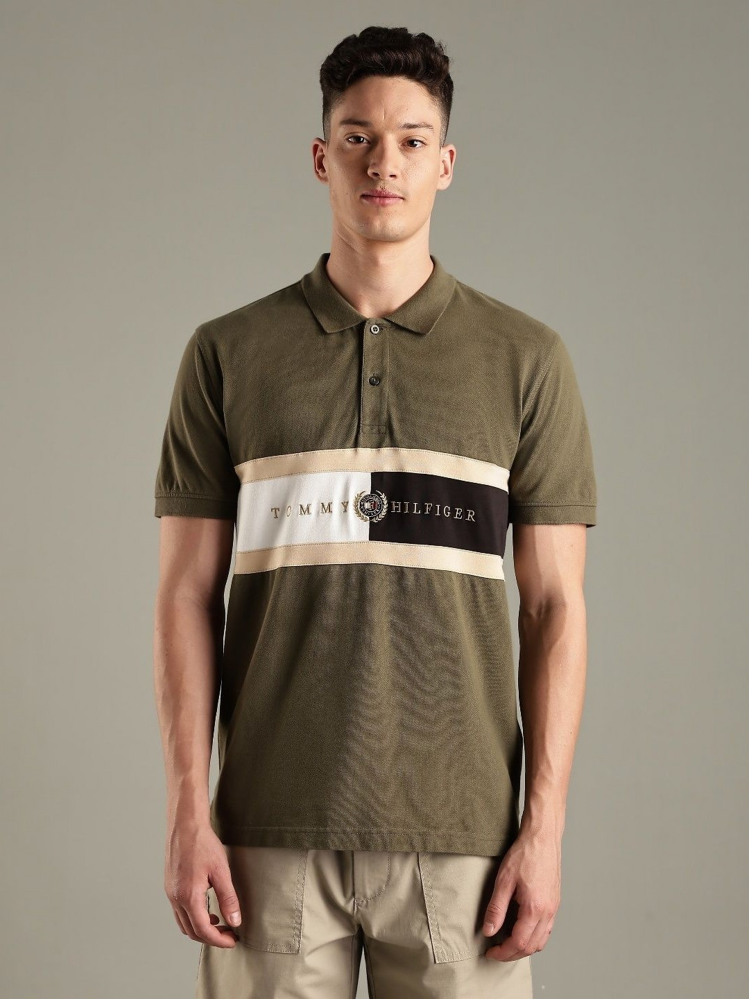 Tommy Hilfiger Men Colourblocked Polo Collar Short Sleeves Slim Fit Cotton T-shirt