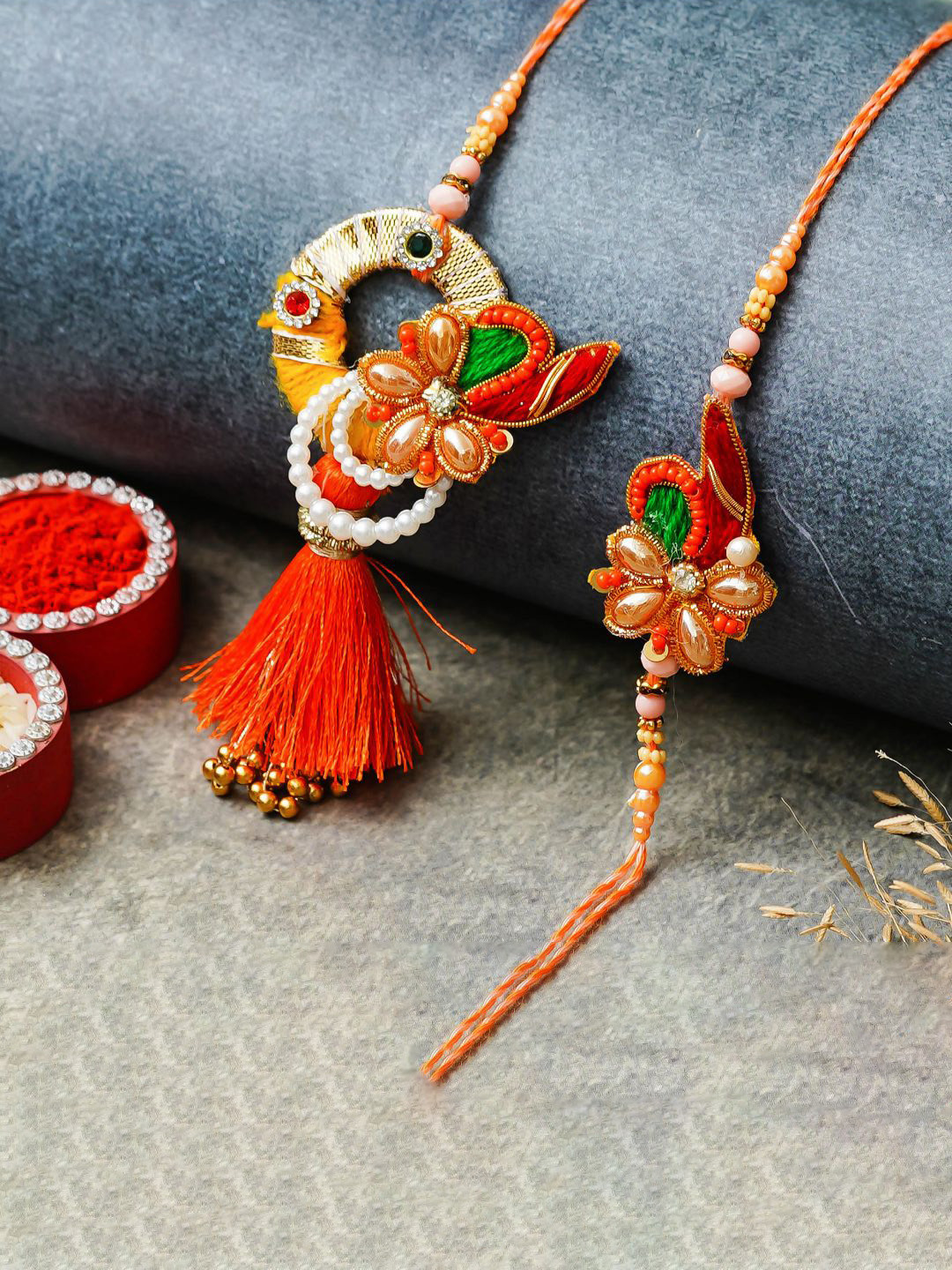 eCraftIndia Set of 2 Stones Studded & Beaded Floral Design Thread Rakhi Thread Rakhi