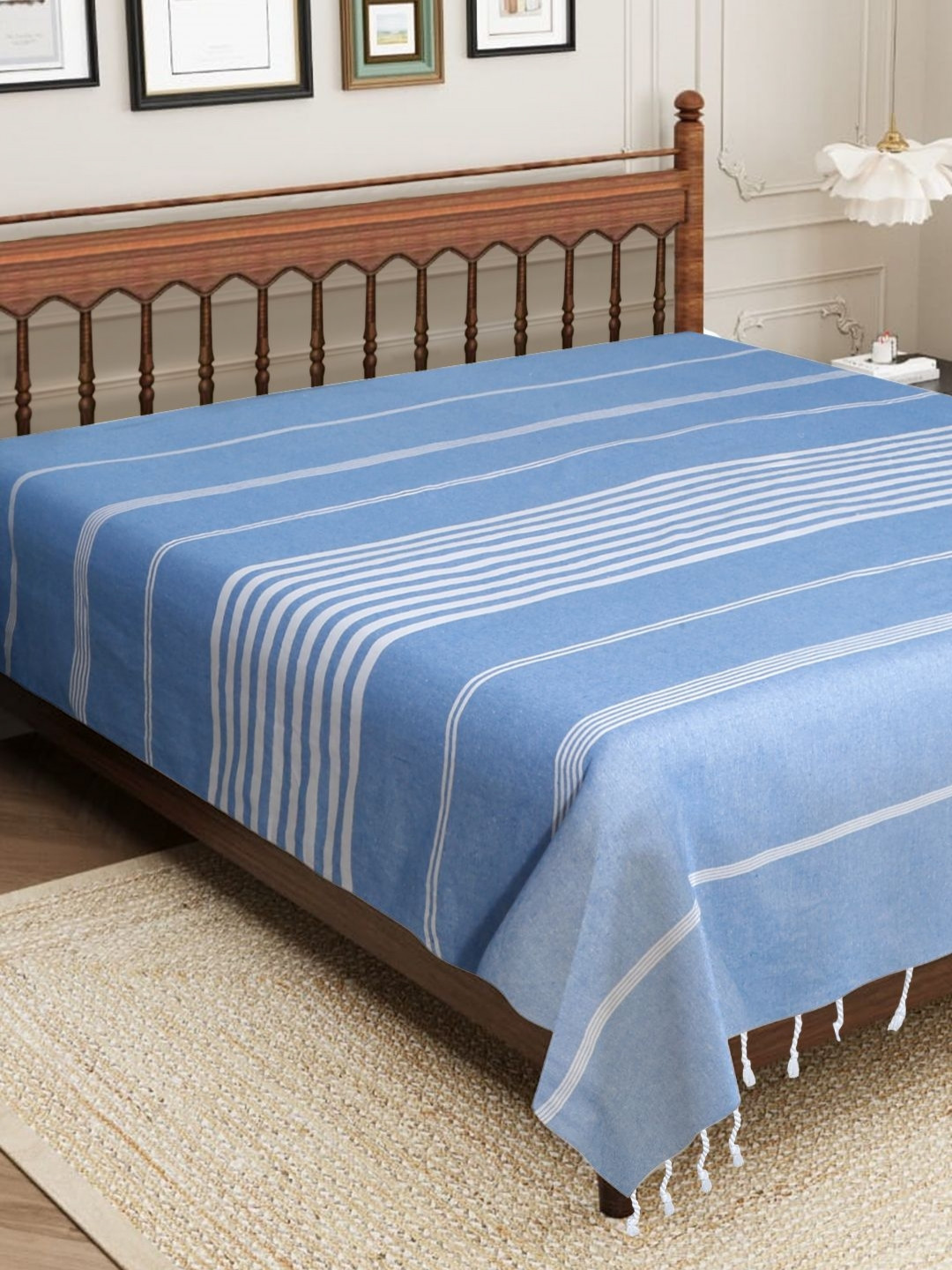 Aura Blue Striped Cotton 210 TC King Fine Bedsheet -90 x 100 inches