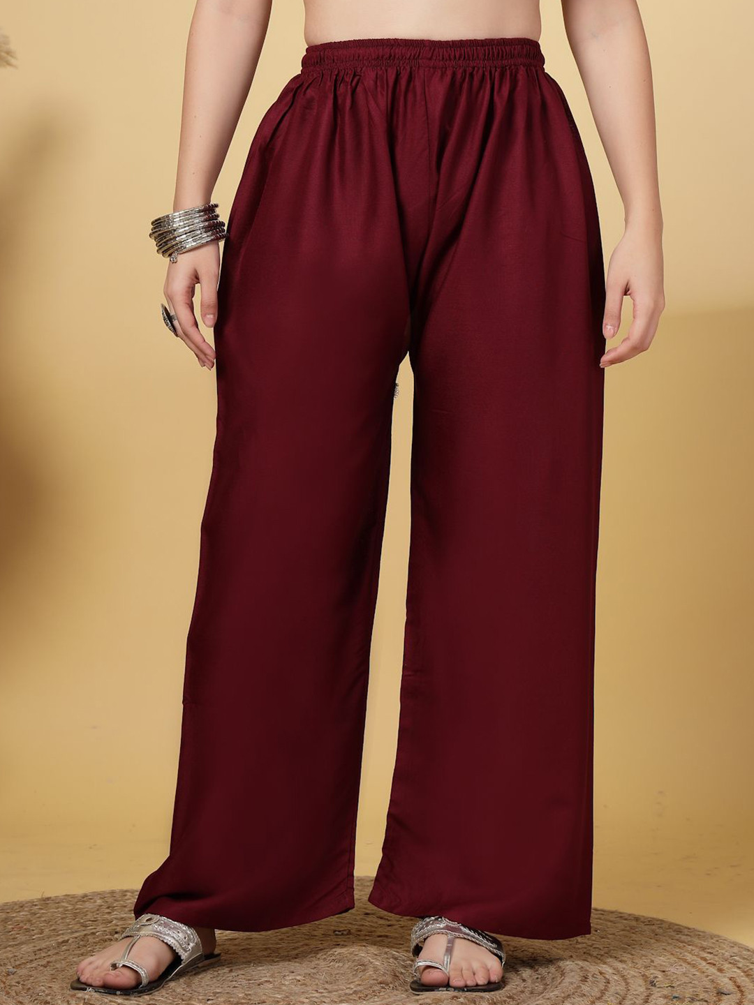 Clora Creation Women Solid Wine Ethnic Straight Palazzos
