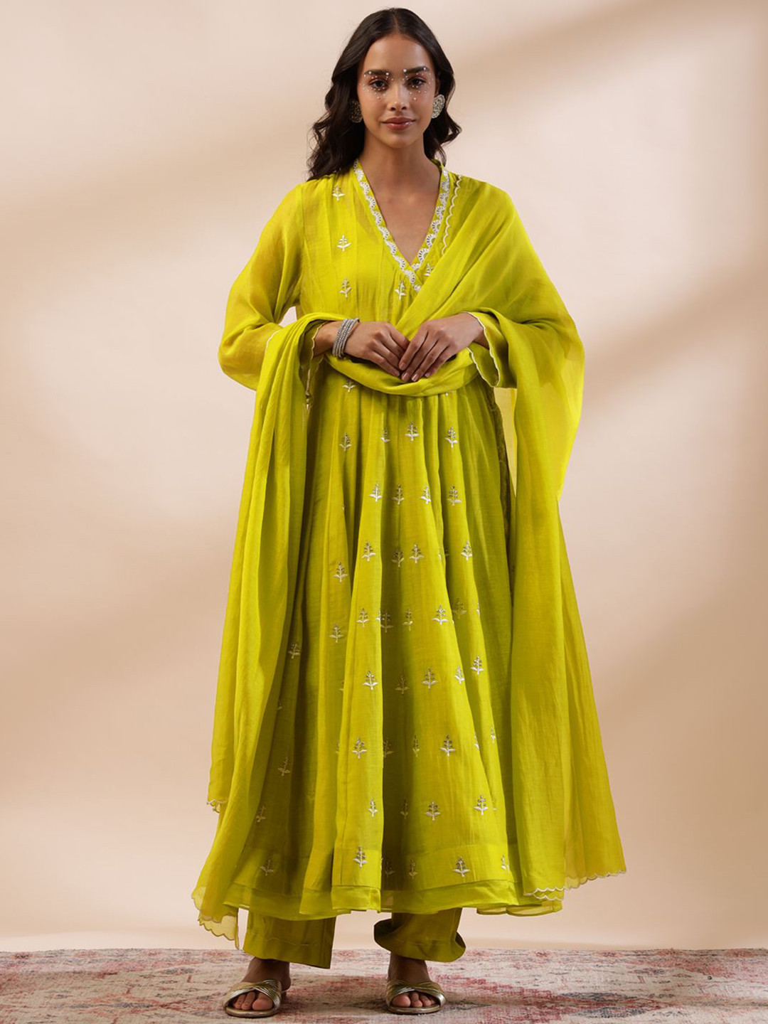 Kyra Women Regular Chanderi Cotton Kurta with Palazzos & With Dupatta