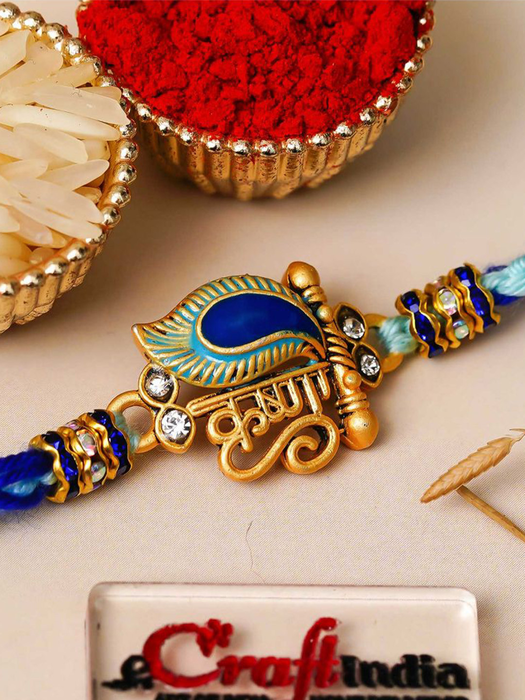 eCraftIndia Blue Krishna Peacock Feather Designer Rakhi For Brother