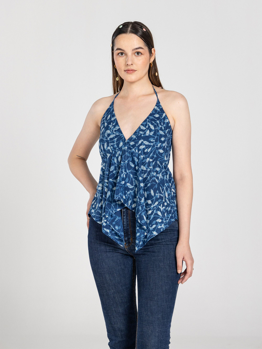 Past Modern Women's Floral Print Halter Neck Cotton Top