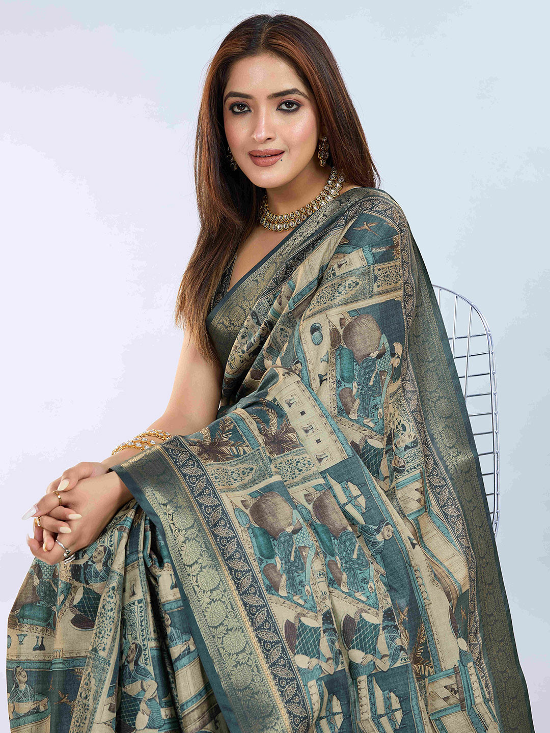 PBS PRINTS Women Kalamkari Semi Tussar Silk Digital Printed Saree