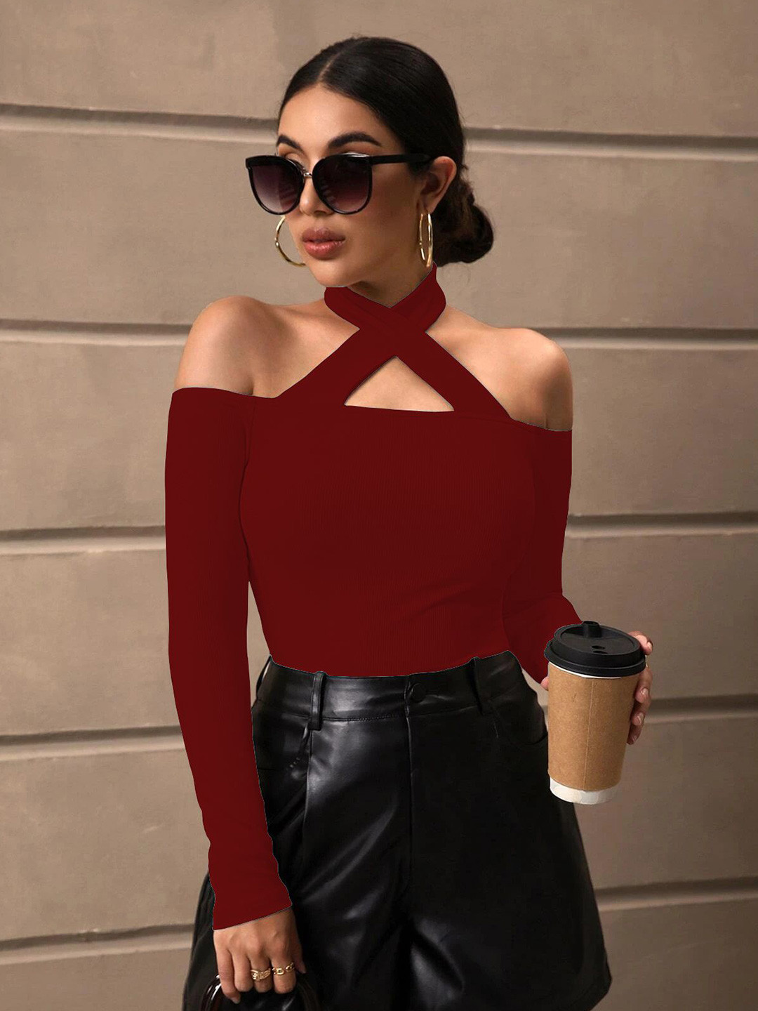 Sugathari Women Off-Shoulder Ribbed Top