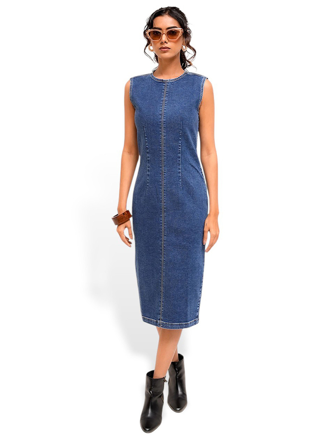 DAYER Women Pure Cotton Denim Bodycon Midi Dress