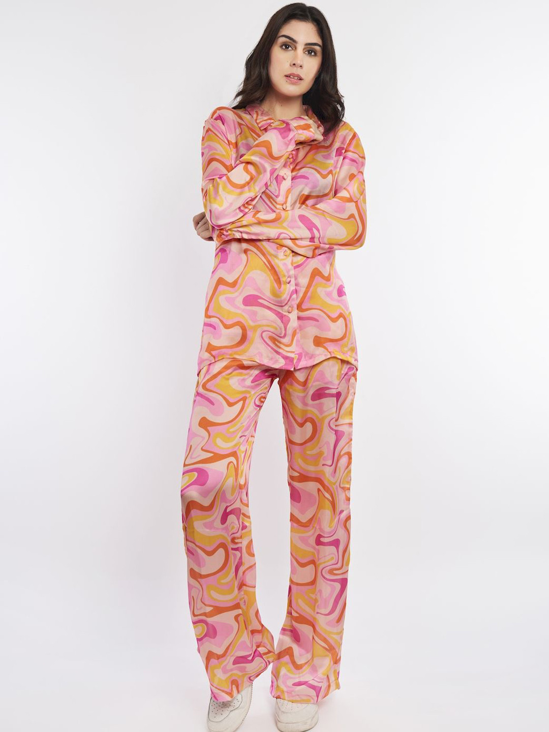 How When Wear Women Printed Shirt Collar Parallel Trousers