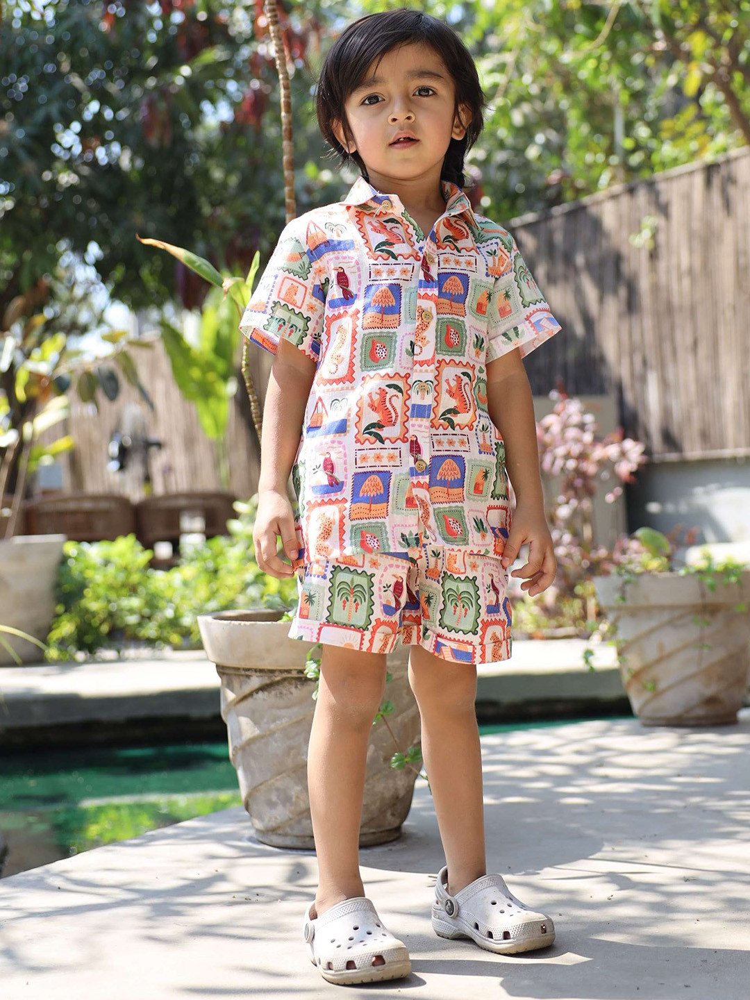 Funny Bones Clothings Boys Printed Linen Shirt With Shorts