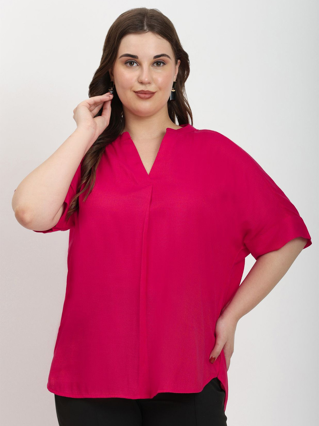 SINDOORI Women Plus Size Mandarin Collar High-Low Longline  Top