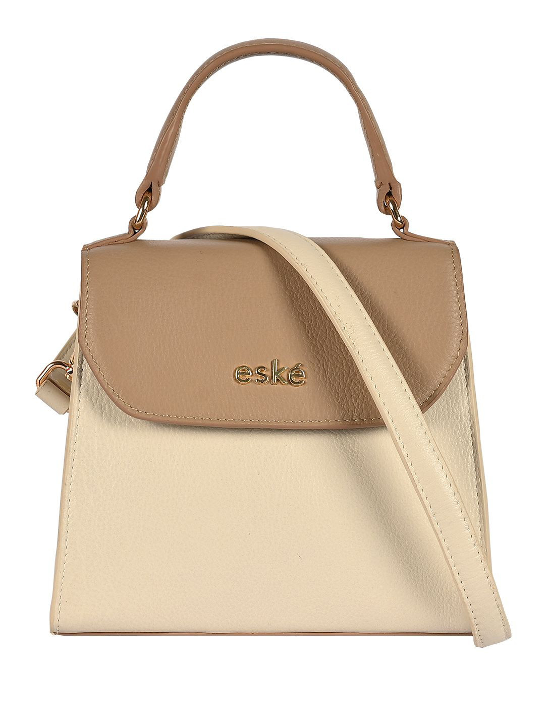 eske Women Beige Solid Flap Closure Compact Shape Small Leather Satchel Handbag