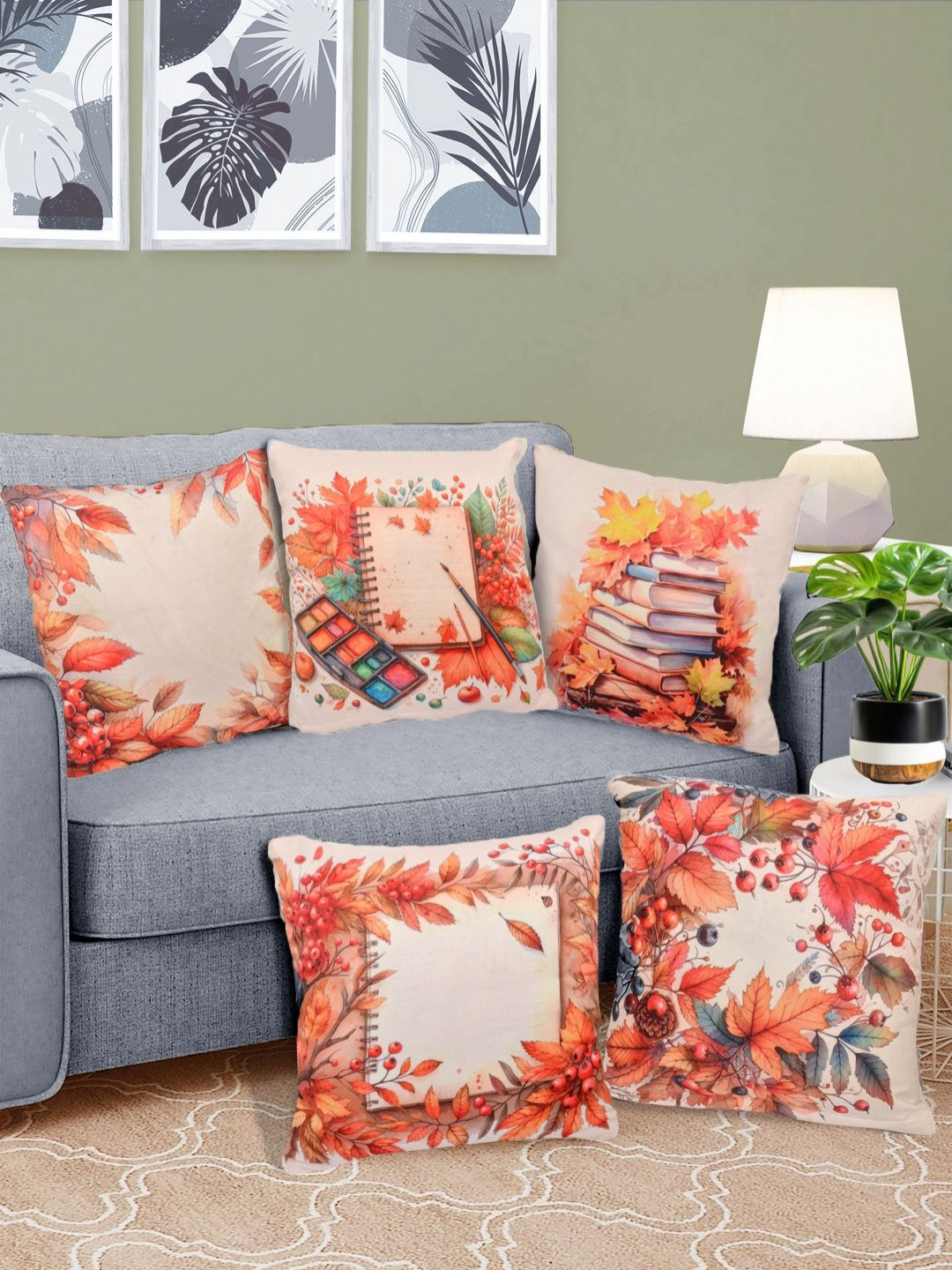 FABINALIV 5 PIeces Beige & Orange Reversible Digital Printed Velvet Square Cushion Covers