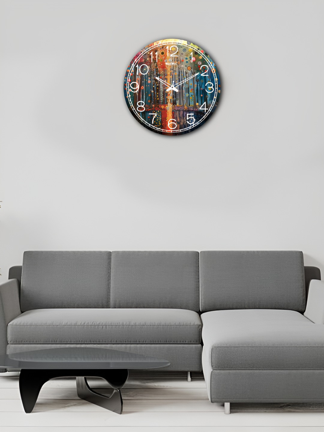 OLIVE TREE Wooden Wall Clock Blue & Orange Printed Round Contemporary Wall Clock