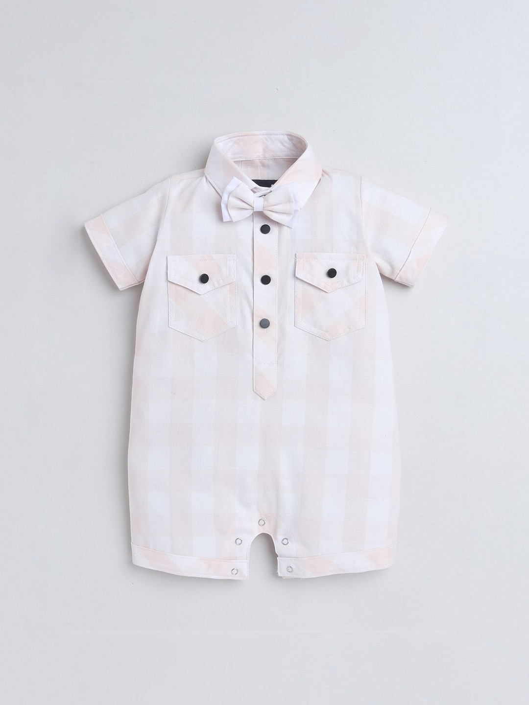 Polka Tots Unisex Kids Orange Half Sleeve Checks Print Shirt Romper With Bow