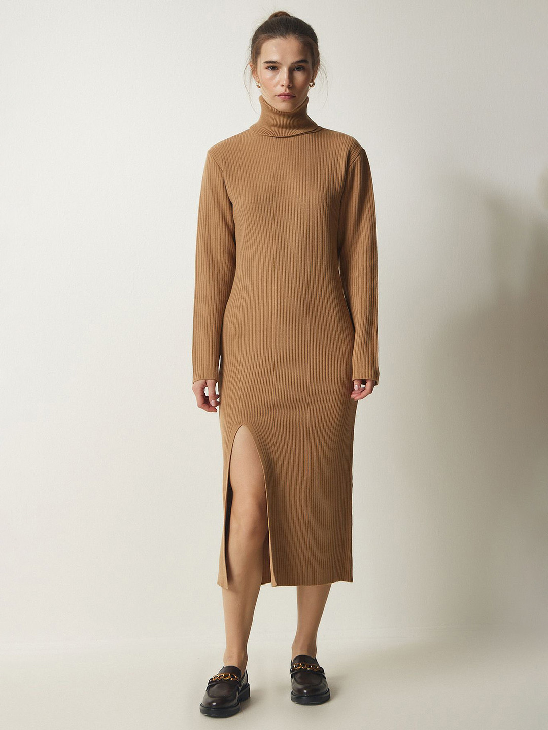 Happiness istanbul Ribbed Turtle Neck Slit Jumper Midi Dress