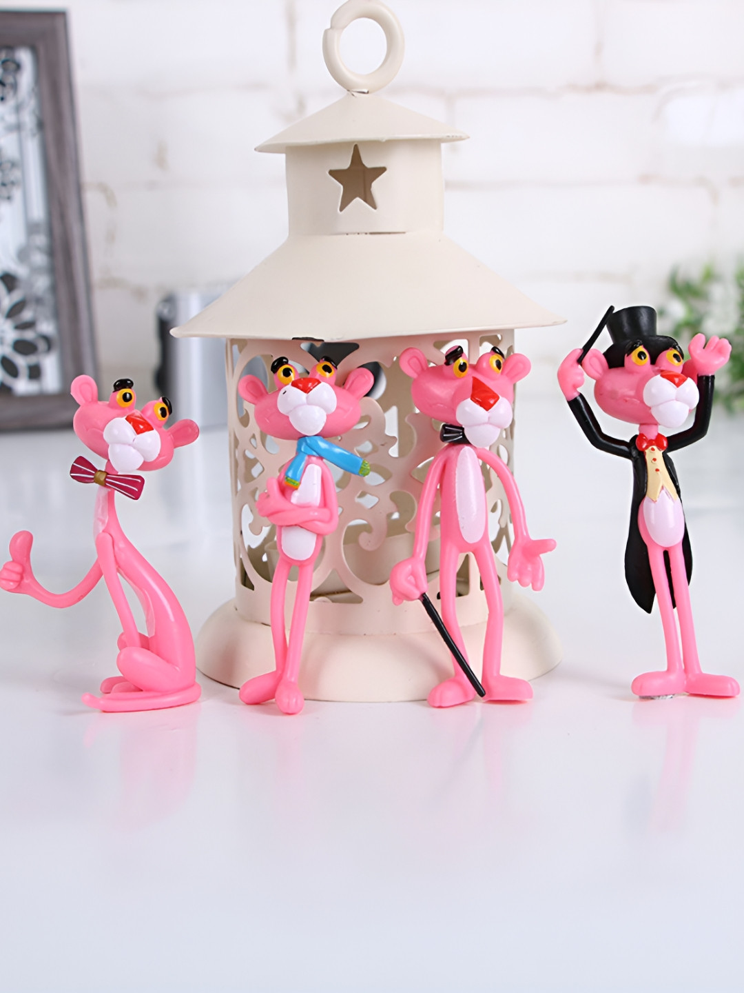 Spiaty Charming Mini Panther Pink Polyresin Matte Living Room Set of 4 Medium Showpieces - 6 Inches