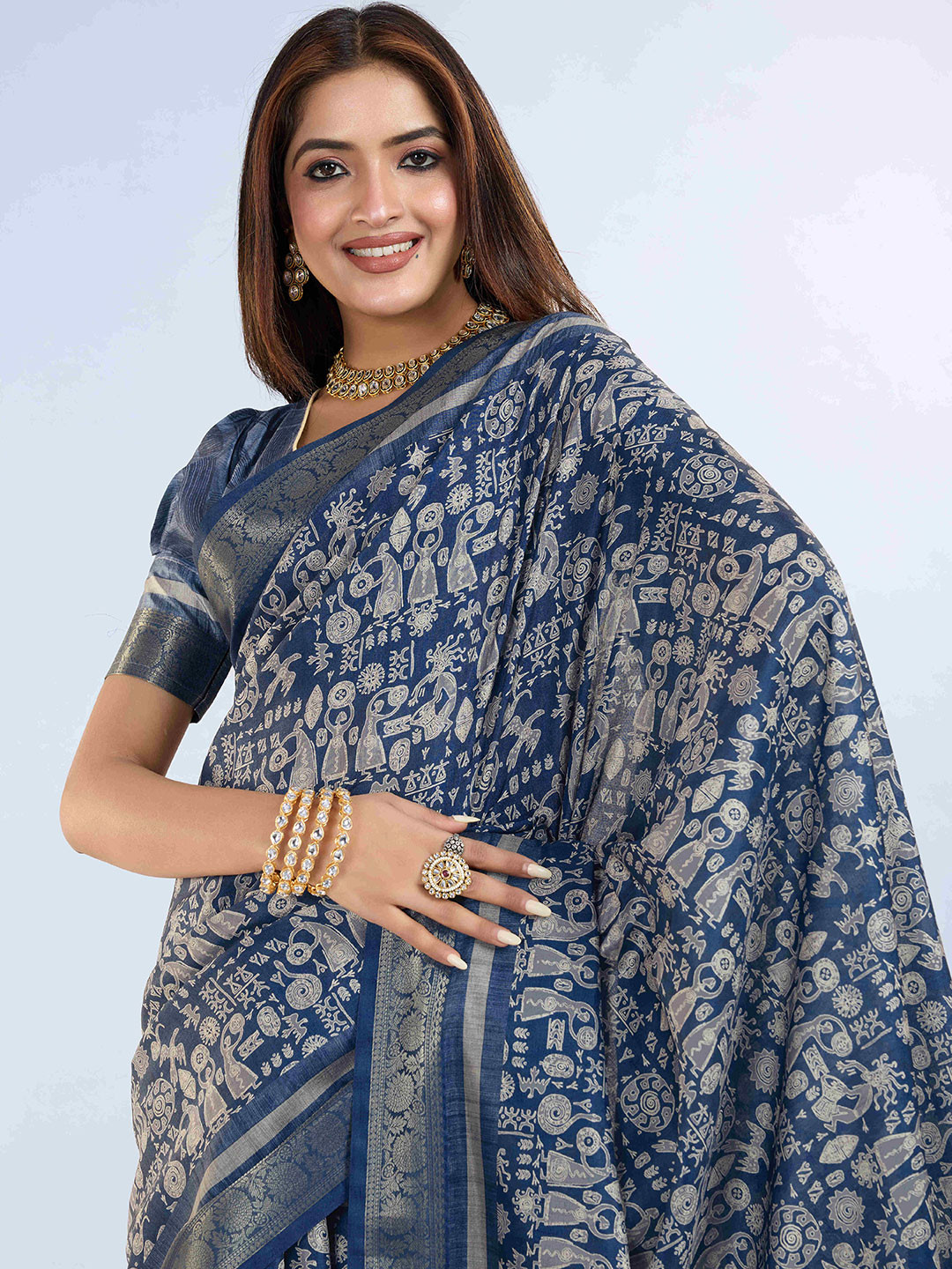 PBS PRINTS Warli Digital Printed Zari Tussar Saree