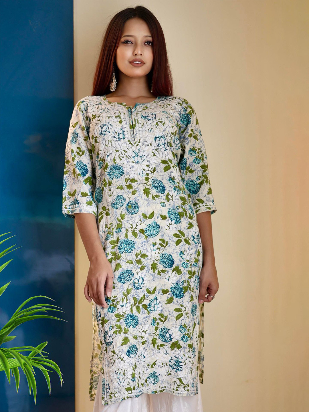 myplusfashion Floral Printed Notch Neck Chikankari Straight Kurta