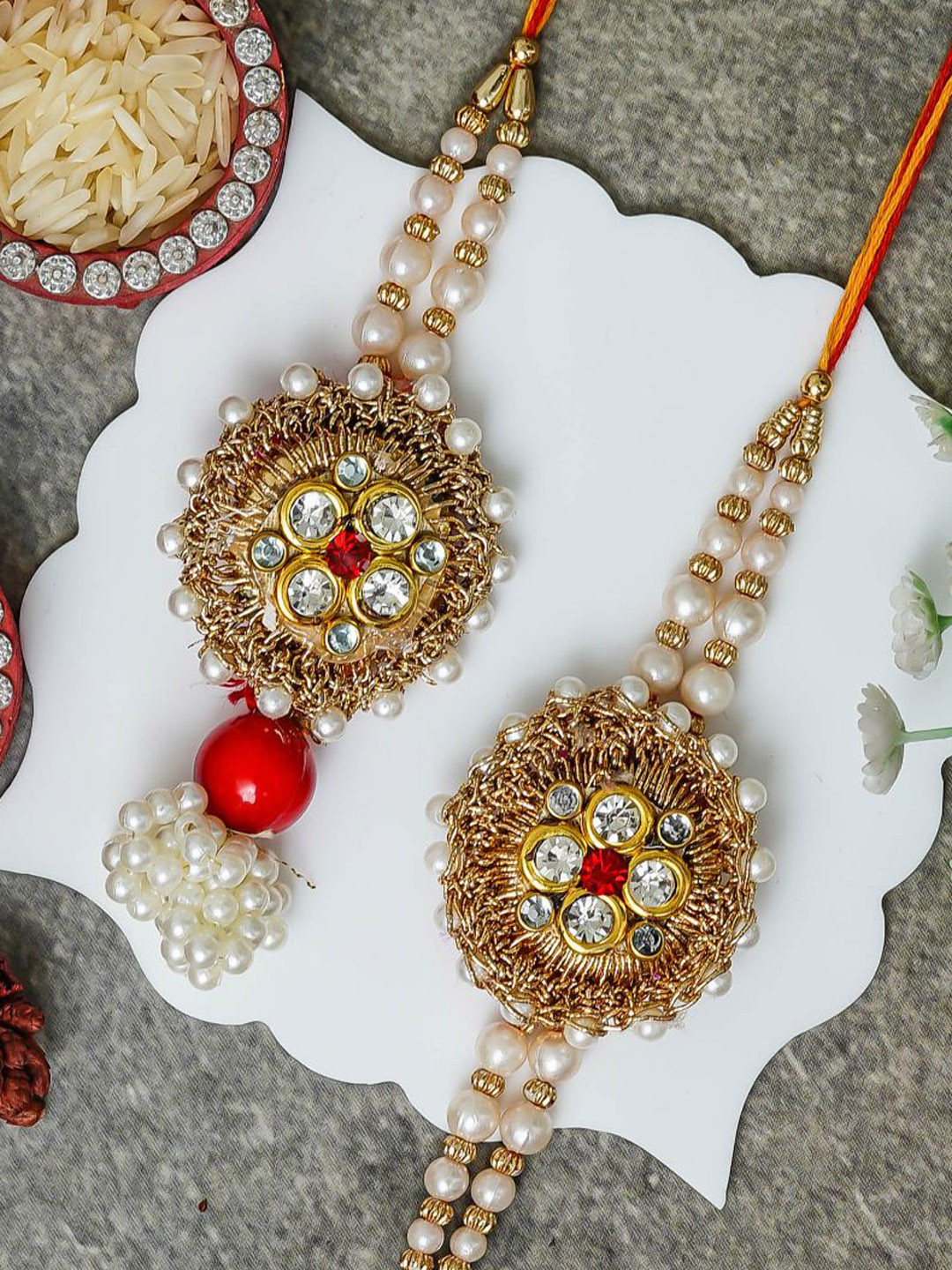 eCraftIndia Set Of 2 Stones Studded & Beaded Floral Design Thread Rakhi