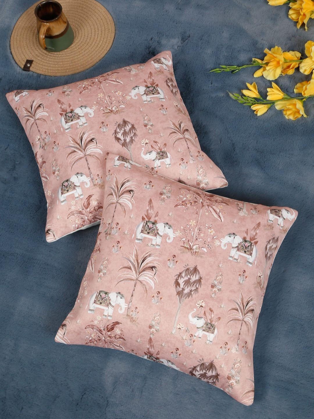 SOKNACK Ethnic Peach Graphic Velvet Washable 2 Piece Square Cushion Covers -16x16In