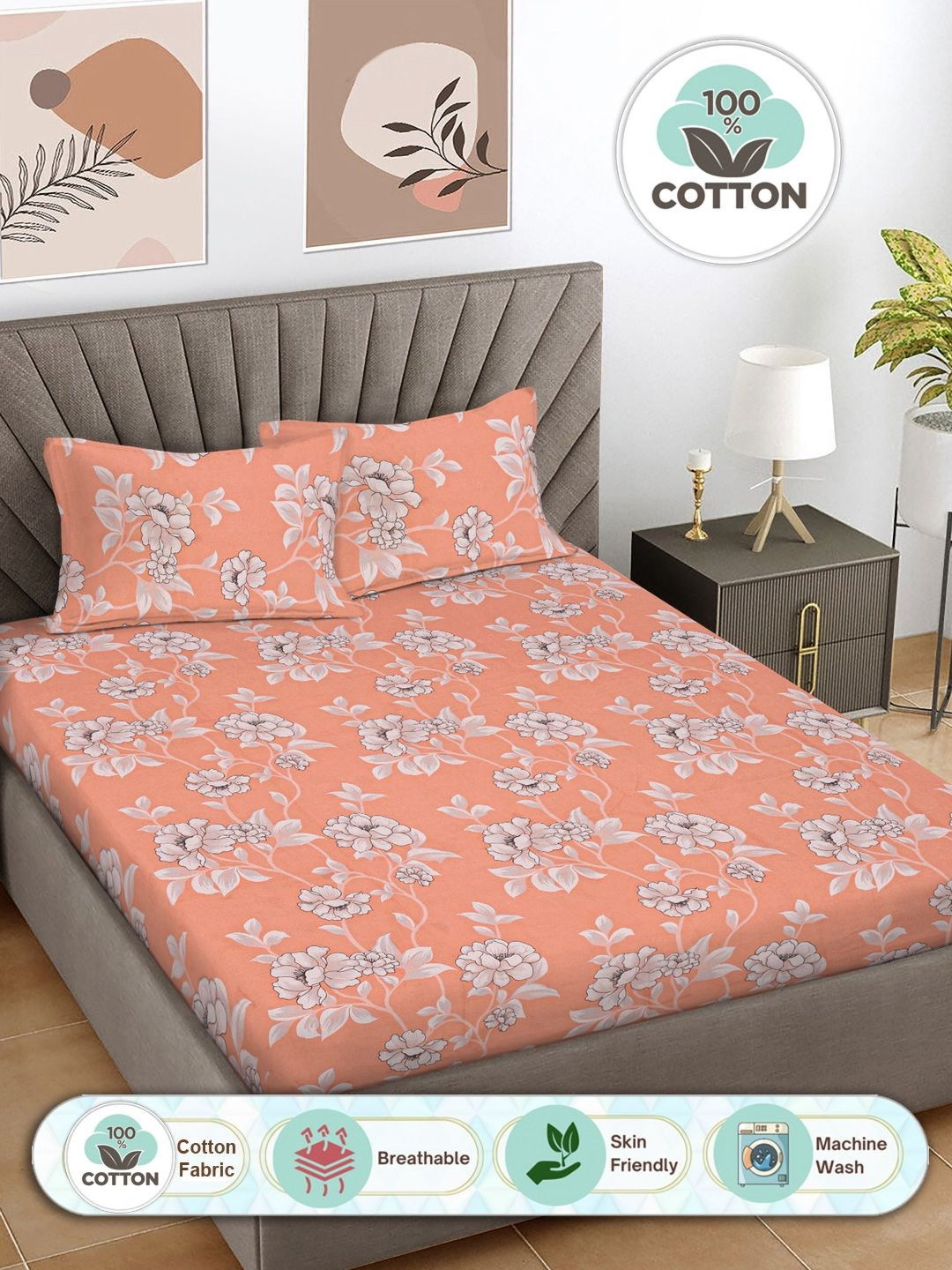 Myntra Elegant Homes Orange Floral Pure Cotton King Size Bedsheet with 2 Pillow Covers