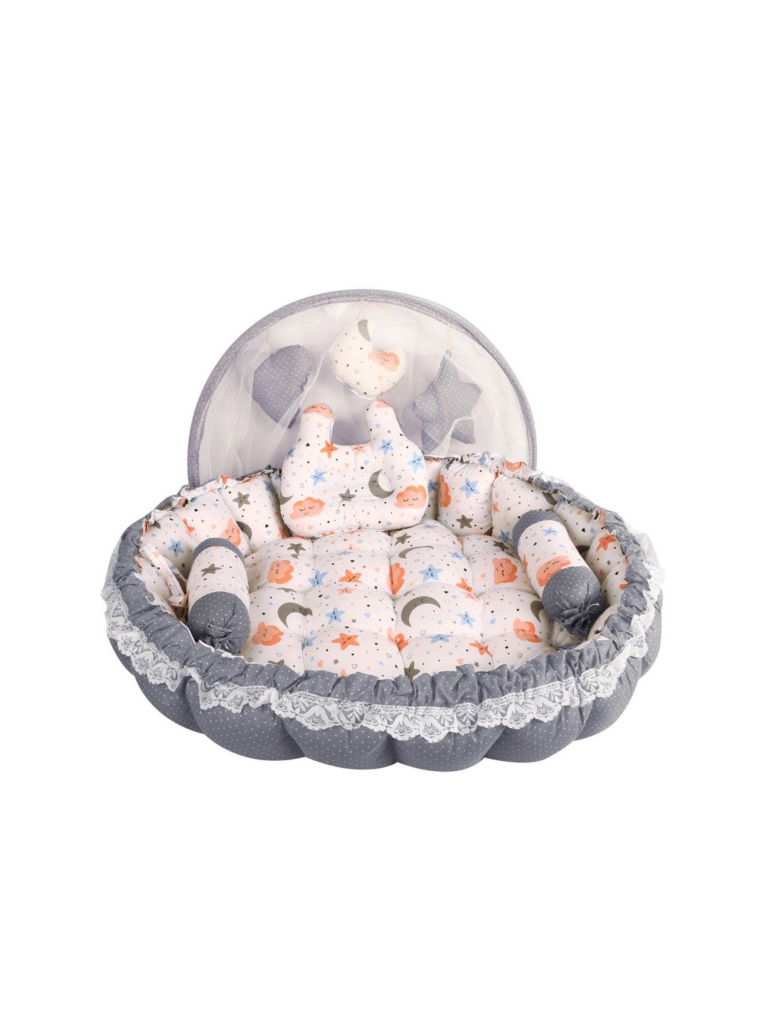 LOREM Infants 3 Pillow & Mosquito Protection Printed Round Shape Pure Cotton Baby Bed Set