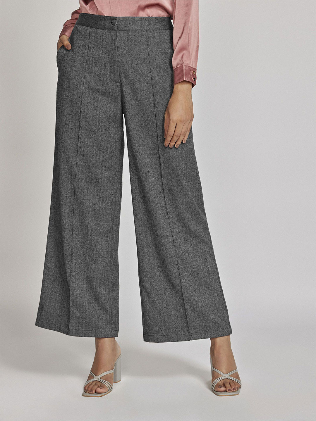 The Label Life Women Charcoal Wide Leg Trousers