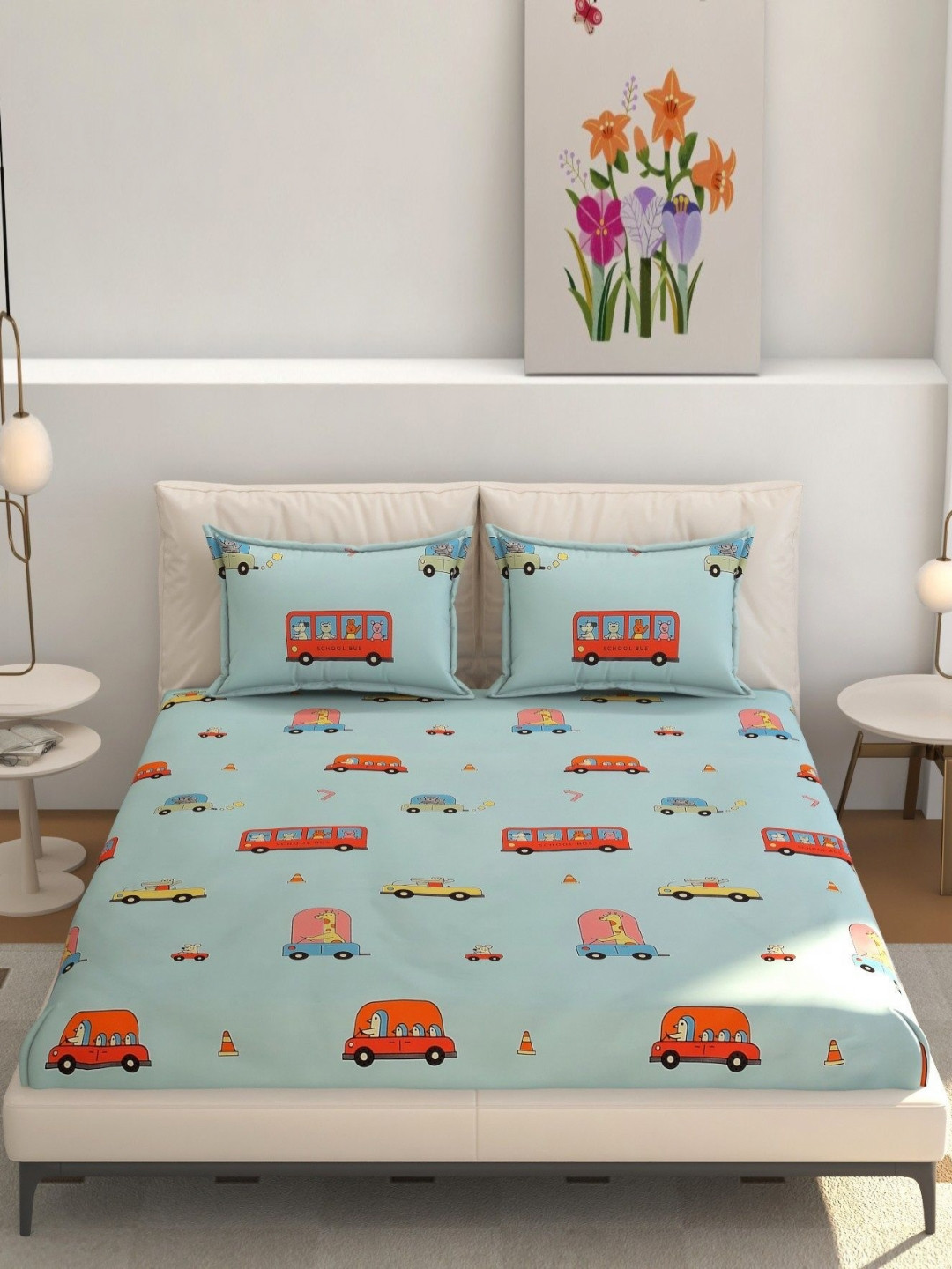 Galaxy Home Decor Blue Printed 210 TC Fitted King Bedsheet Set-2.28 m x 2.54 m